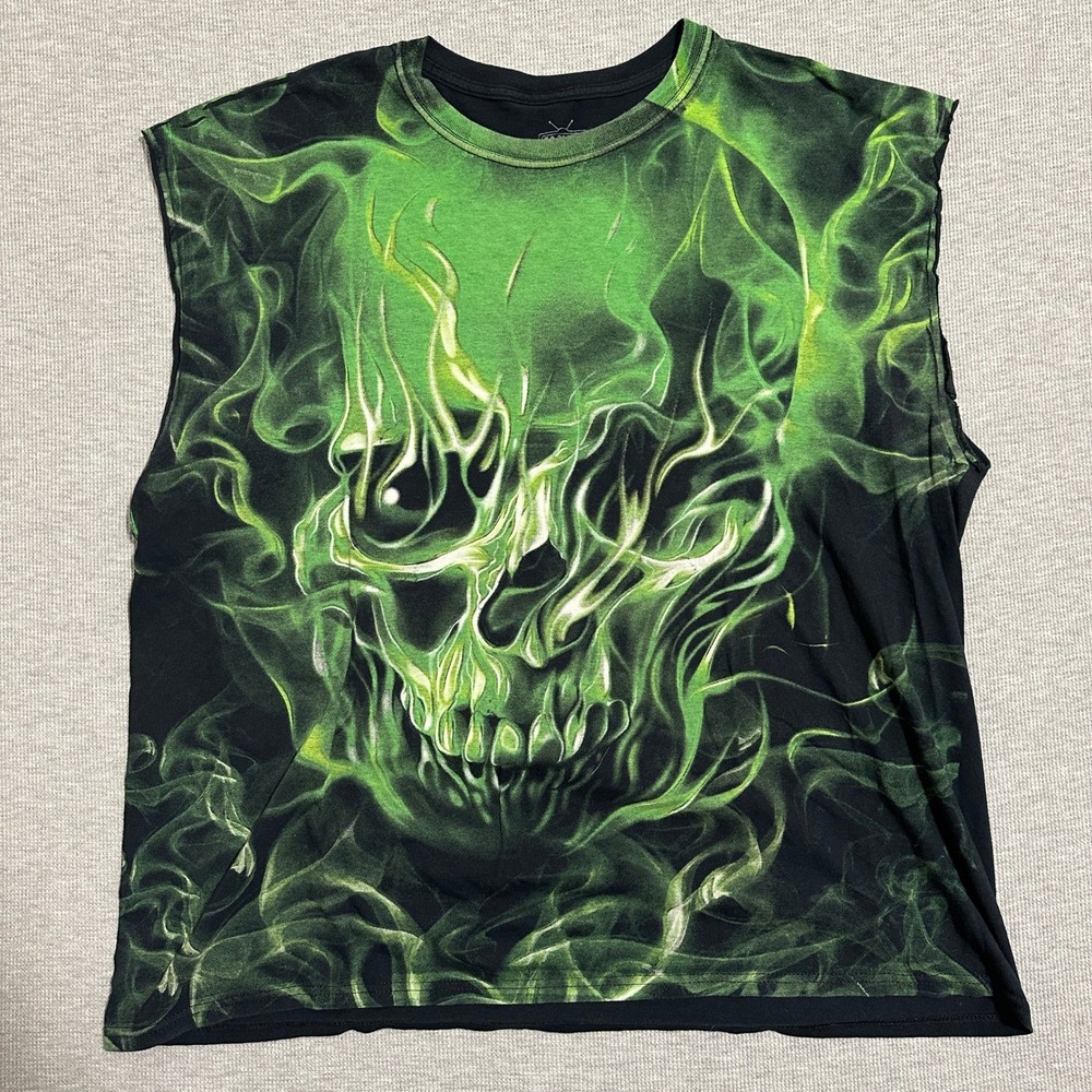 Y2K All Over Print Green Flame Skull Cut Off Tank Top Sleeveless Black XL